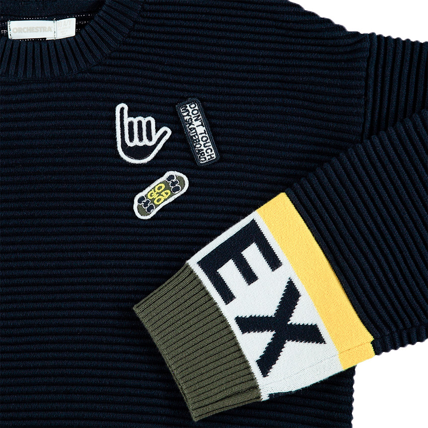 Junior - Pull en tricot ottoman avec badges et inscriptions en jacquard 