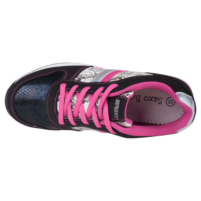Baskets basses coloris noir et fushia détail effet serpent 