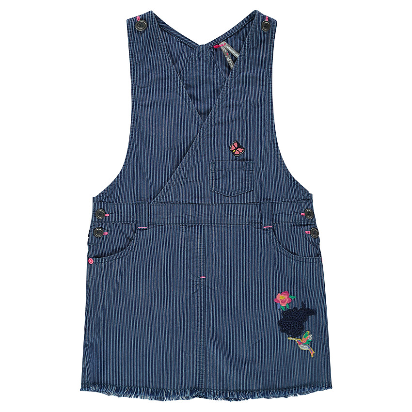 Robe style salopette en toile de coton rayée avec broderies 
