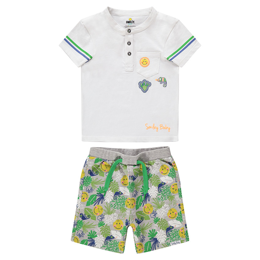 Ensemble avec polo badge Smiley et bermuda à imprimé tropical all-over 