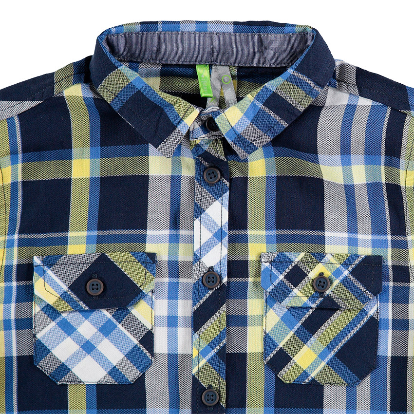 Chemise manches longues à carreaux contrastés bleu / anis et poches 