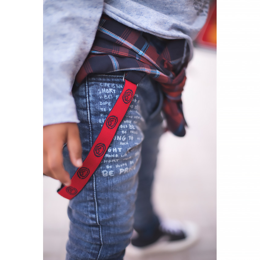 Jeans effet used doublé flanelle à carreaux avec bretelles amovibles 