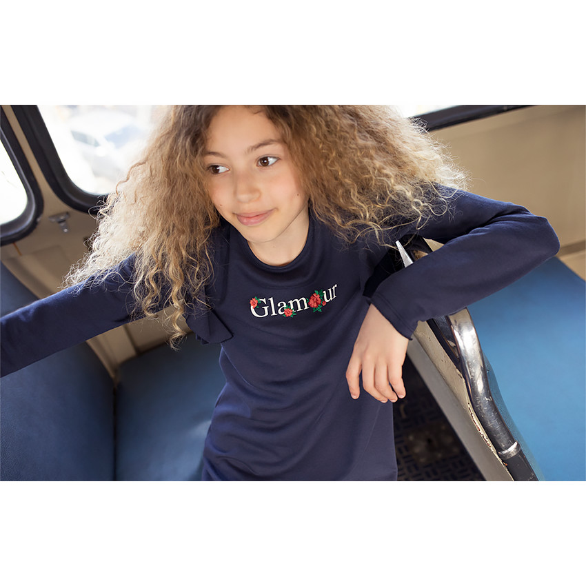 Junior - Robe en molleton fluide avec volants et fleurs brodées 