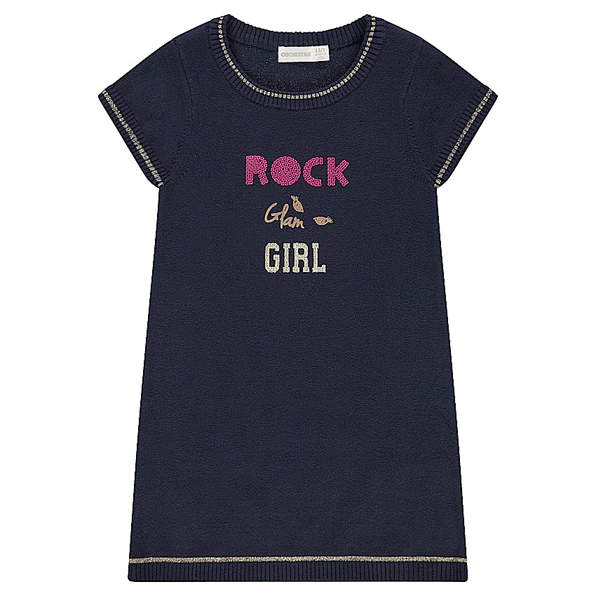 Robe manches courtes en tricot avec message brillant brodé sur le devant 