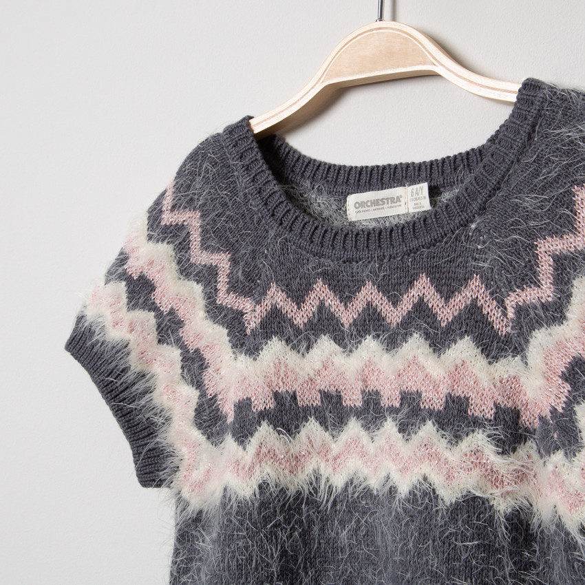 Robe manches courtes en tricot effet poil à motif graphique jacquard 