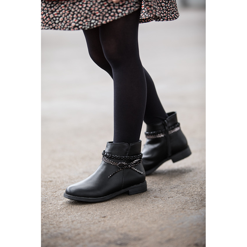 Bottines noires effet cuir avec tresse et noeud à la cheville 