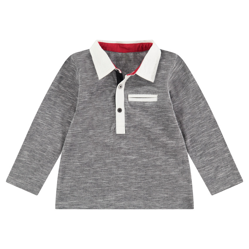 Polo manches longuesgris chiné avec col blanc boutonné 