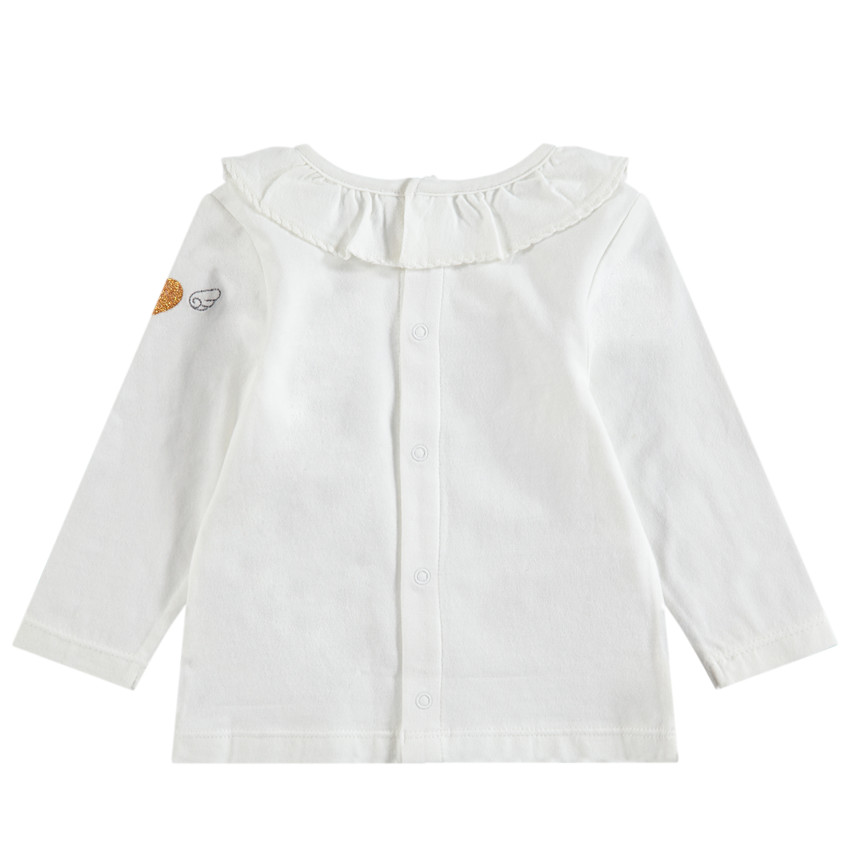 Tee-shirt manches longues en coton avec col volanté et coeur pailleté 