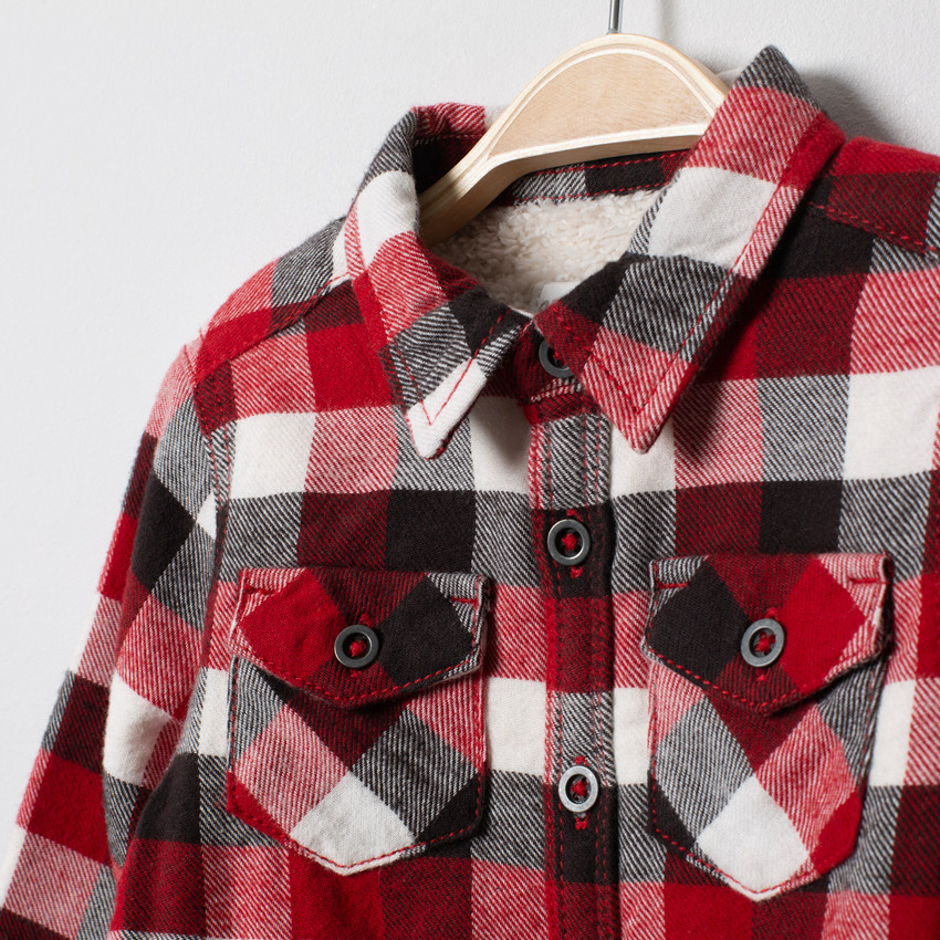 Chemise à carreaux en flanelle doublée sherpa à poches 