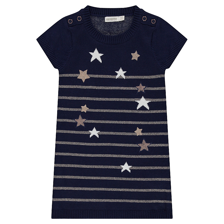 Robe manches courtes en tricot avec étoiles et rayures dorées 