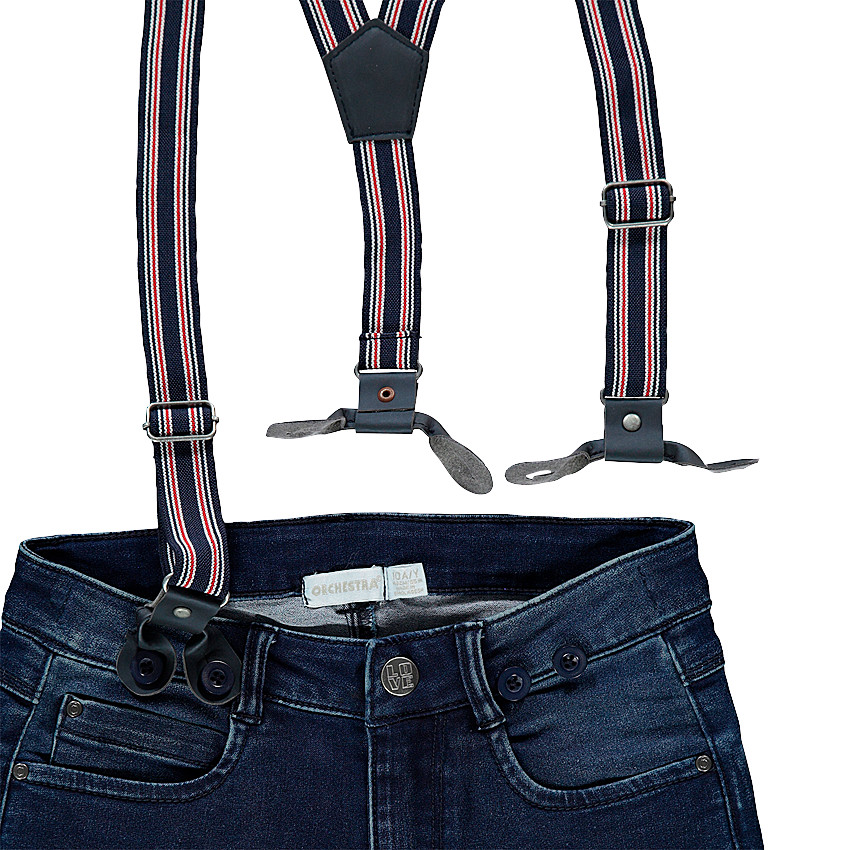 Junior - Jeans effet used avec bretelles rayées amovibles et badges 