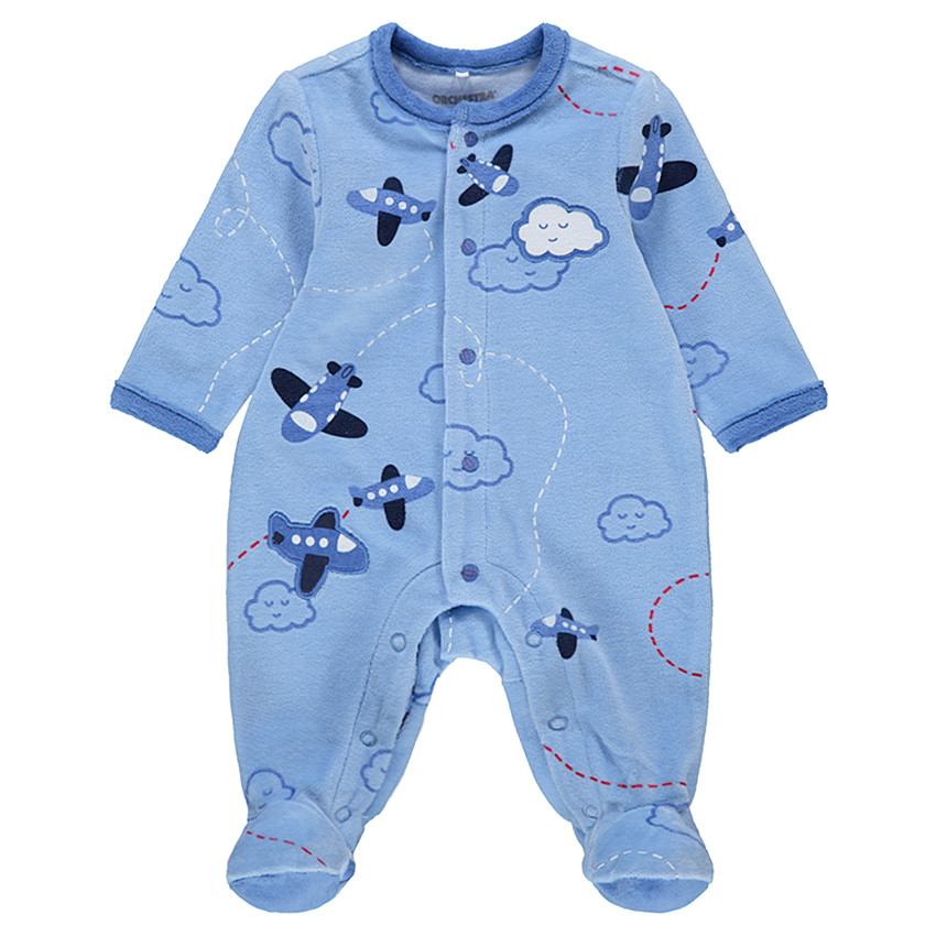 Dors-bien en velours avec avions brodés et printés all-over 