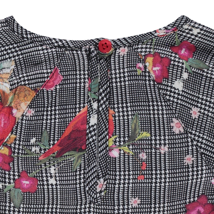 Tunique à carreaux avec fleurs et oiseaux printés 