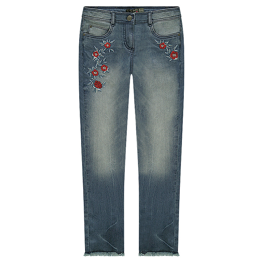 Junior - Jeans effet used et crinkle avec roses brodées 