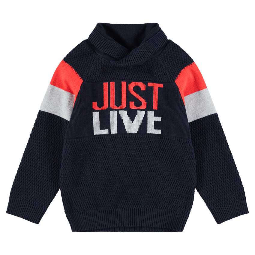 Pull en tricot fantaisie avec col roulé et inscription en jacquard 