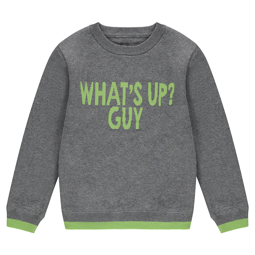 Junior - Pull en tricot gris chiné avec message printé devant 