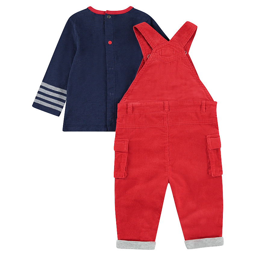 Ensemble avec salopette en velours et tee-shirt manches longues rayé 