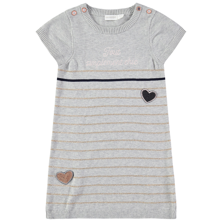 Robe manches courtes en tricot avec message brodé et noeuds en sequins 