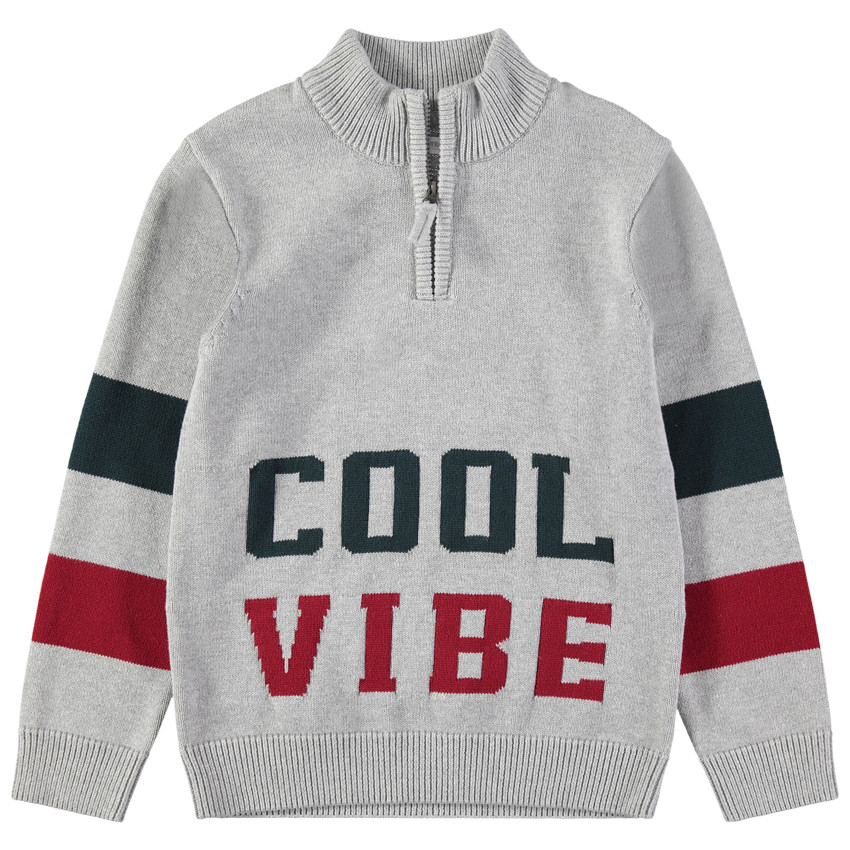 Junior - Pull en tricot avec inscriptions en jacquard et col zippé 