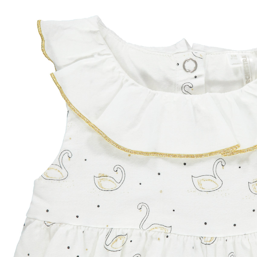 Ensemble avec robe imprimée cygnes et bloomer à noeud dorés 