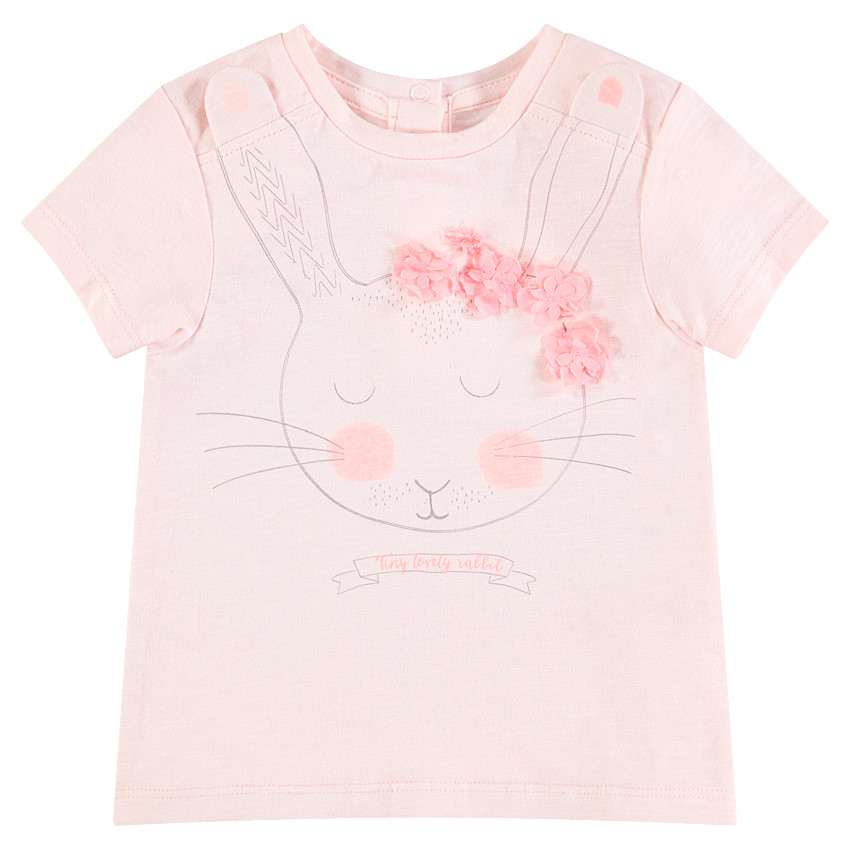 Tee-shirt manches courtes en jersey avec lapin printé et fleurs en relief 