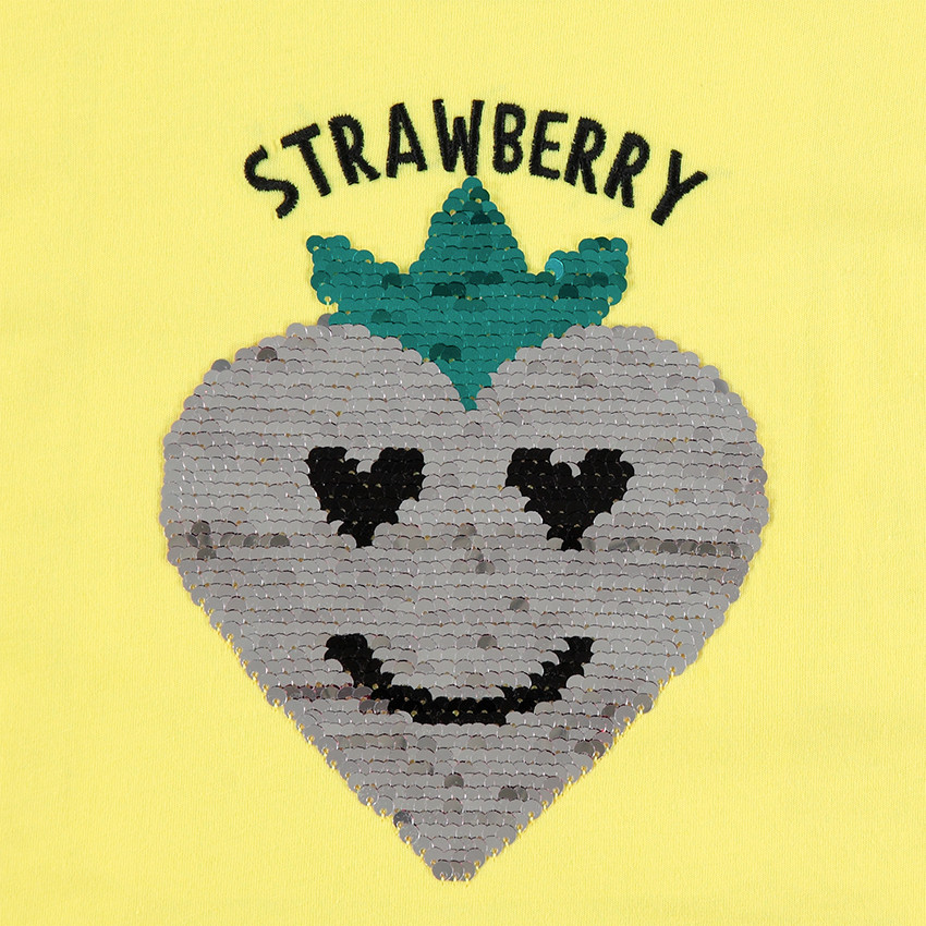 Tee-shirt manches courtes jaune avec fraise en sequins magiques 