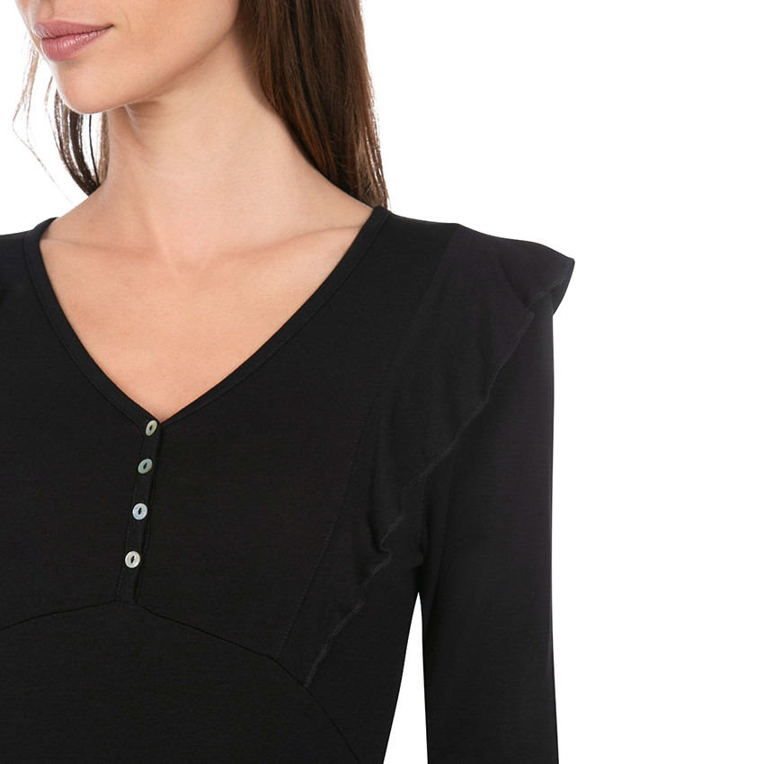 Tee-shirt de grossesse manches longues avec volants et col boutonné 