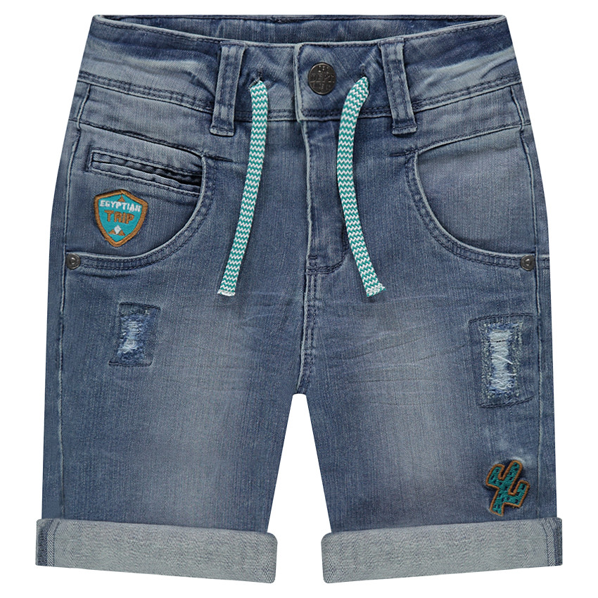 Bermuda en jeans effet used avec badges patchés 
