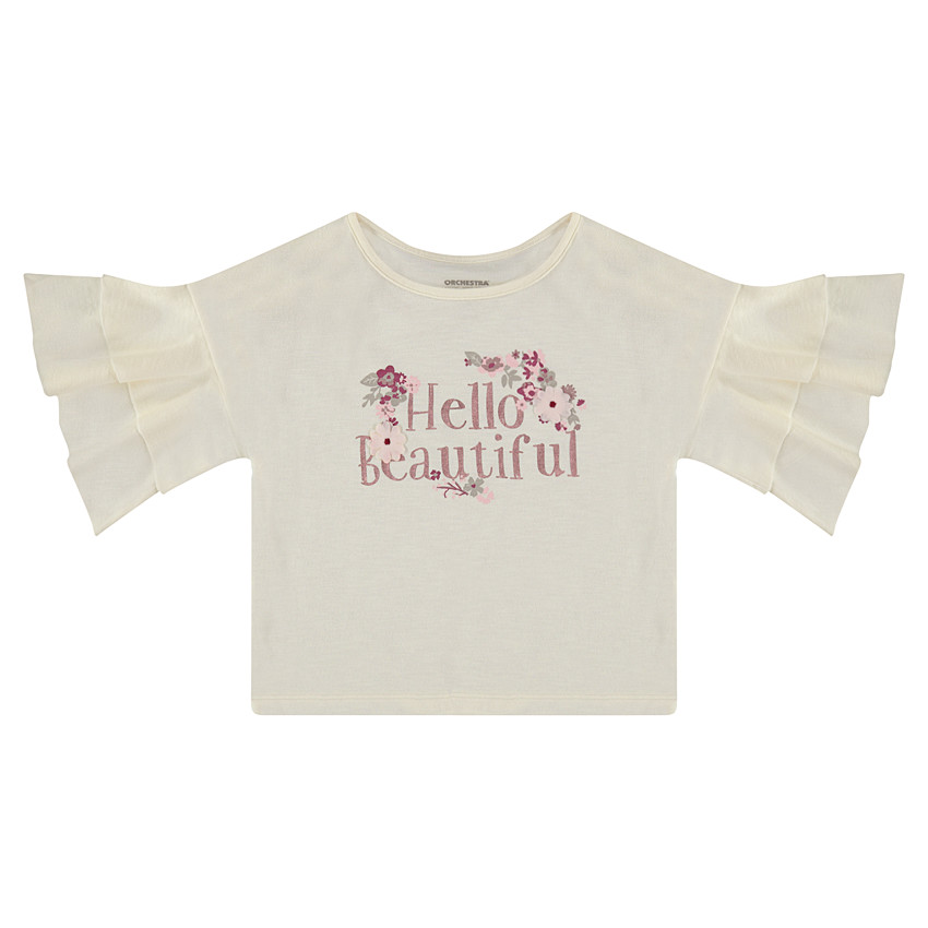 Tee-shirt à manches 3/4 volantées et inscription pailletée 