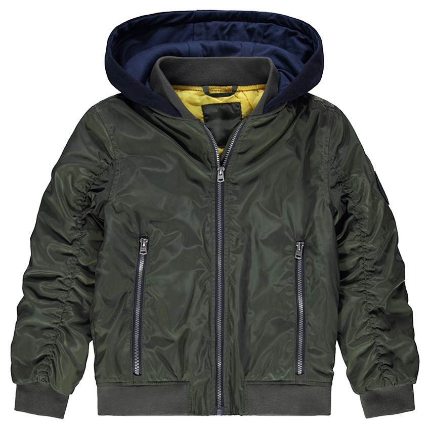 Blouson kaki à larges poches zippées et capuche printée en molleton 