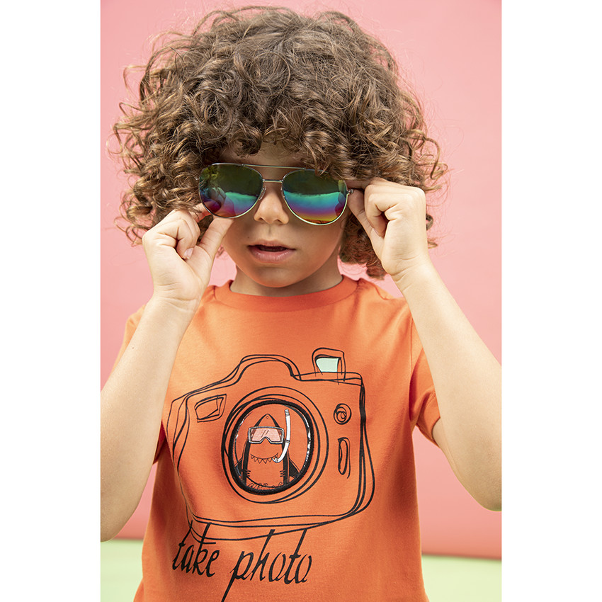 T-shirt manches courtes en coton print appareil photo plastifié 