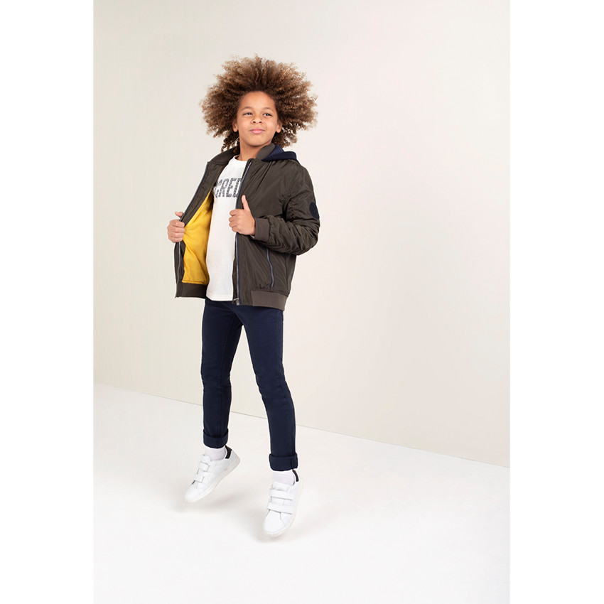 Blouson kaki à larges poches zippées et capuche printée en molleton 