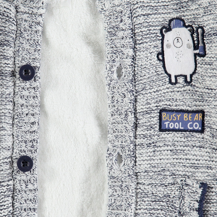 Veste en tricot twisté avec ourson patché et rayures contrastées 