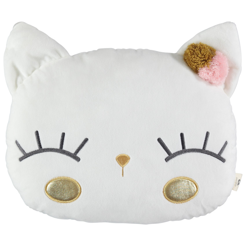 Coussin forme chat à pompons et détails brodés 