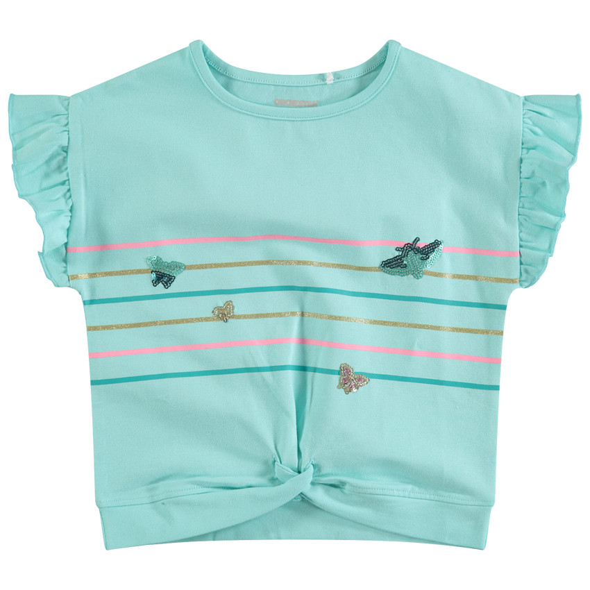 Tee-shirt manches courtes volantées avec rayures et papillons en sequins 