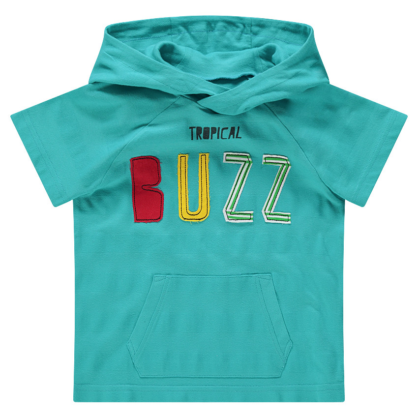 Tee-shirt manches courtes à capuche avec inscription patchée et poche 