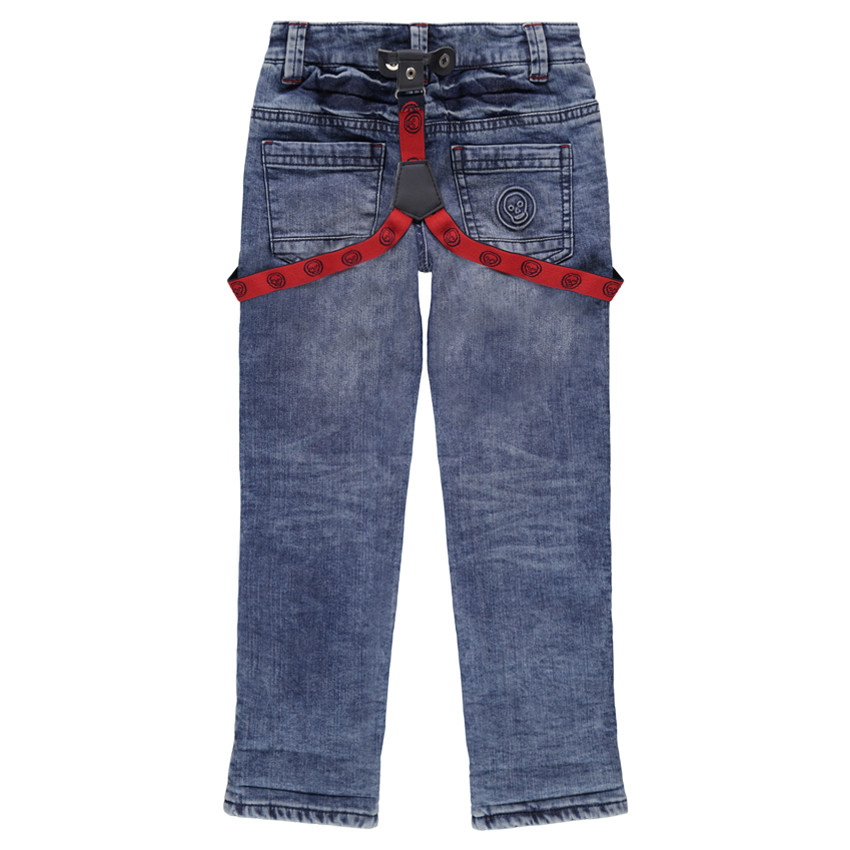 Jeans effet used doublé flanelle à carreaux avec bretelles amovibles 