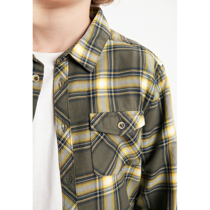 Chemise manches longues à carreaux contrastés et poche 