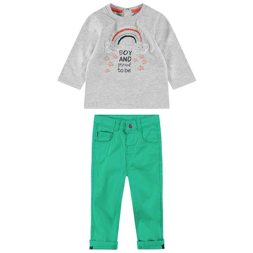 Ensemble tee-shirt manches longues avec arc-en-ciel brodé et pantalon vert 