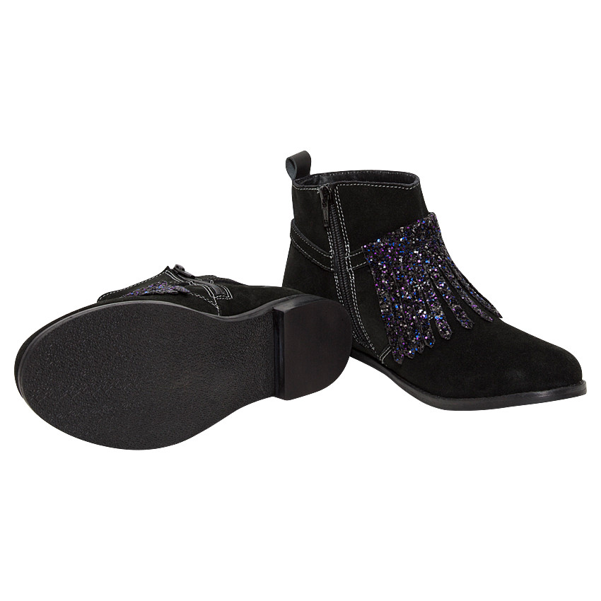 Bottines noires en cuir avec franges pailletées fantaisie 
