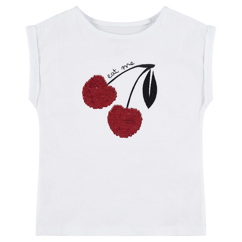 Tee-shirt manches courtes forme boîte avec cerises en sequins magiques 