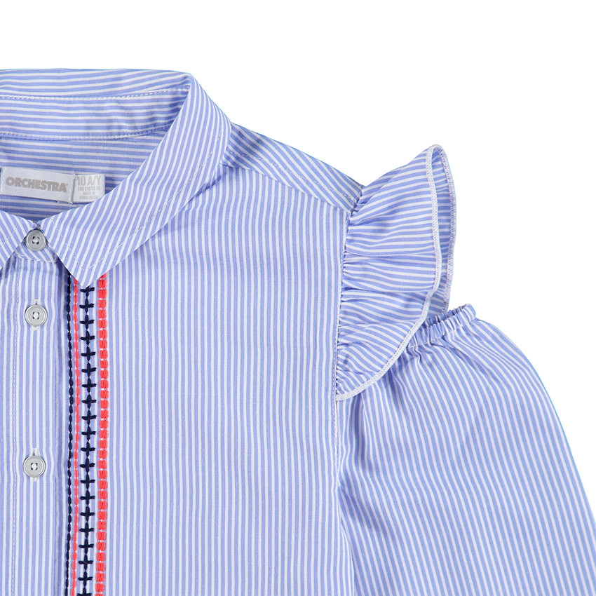 Junior - Chemise manches longues rayée avec épaules ajourées et frises brodées 