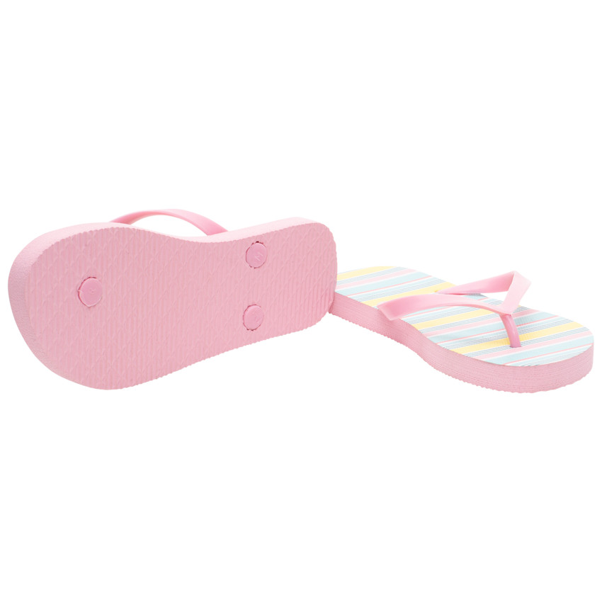 Tongs à rayures multicolores et bride rose 