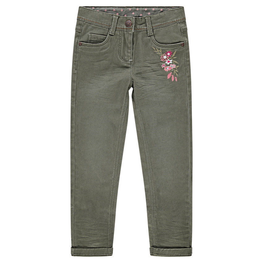 Jeans effet used kaki avec fleurs brodées 