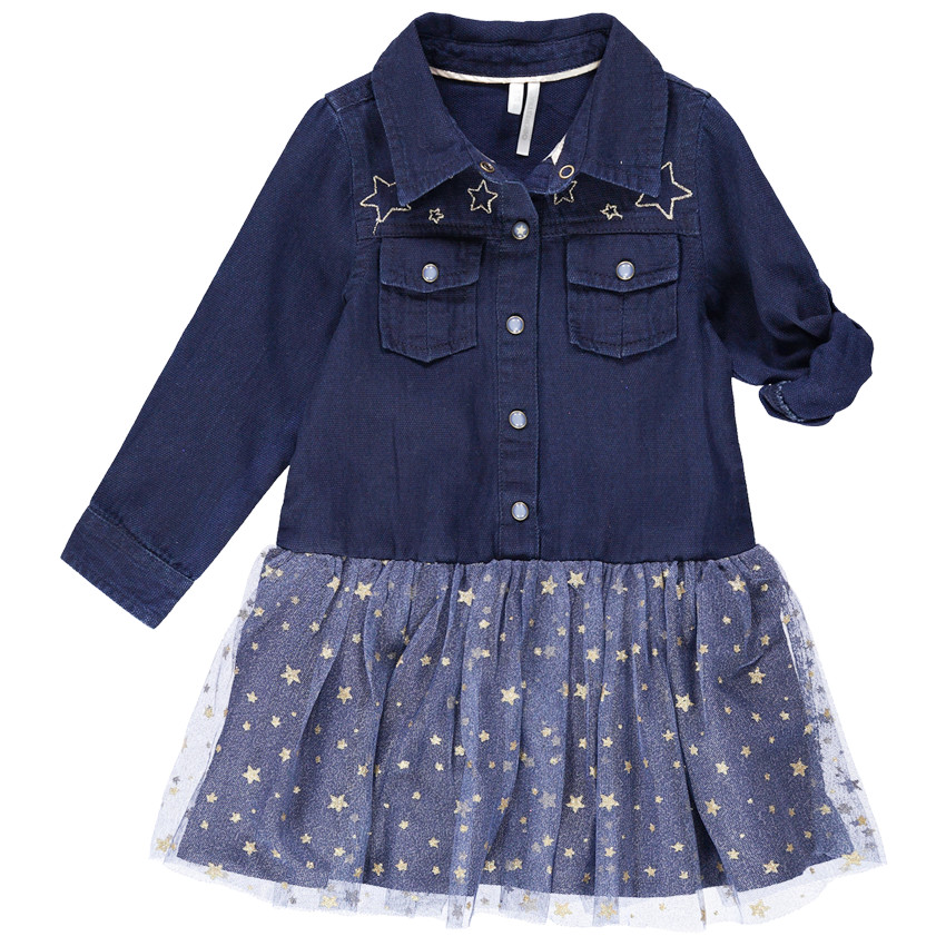 Robe manches longues bi-matière effet 2 en 1 à étoiles dorées 