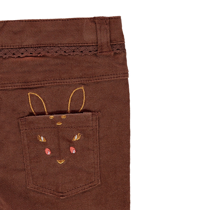 Pantalon slim en velours avec faon brodé et galon dentelle  
