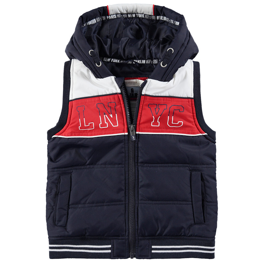 Doudoune sans manches matelassée à capuche avec inscriptions 