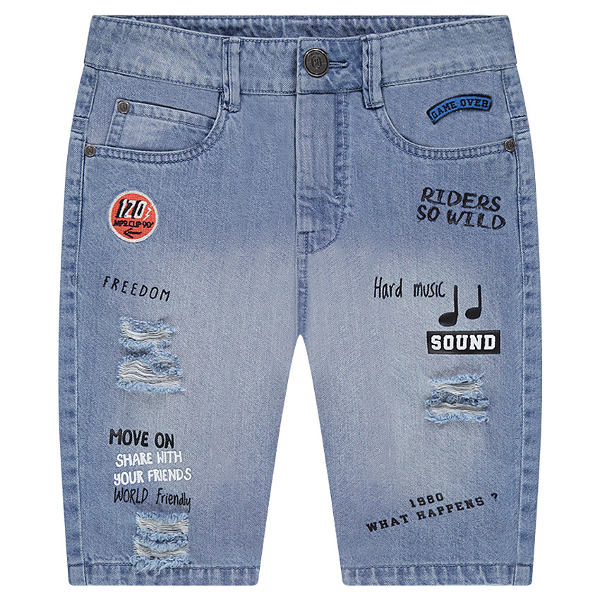 Junior - Bermuda en denim used avec inscriptions printées 