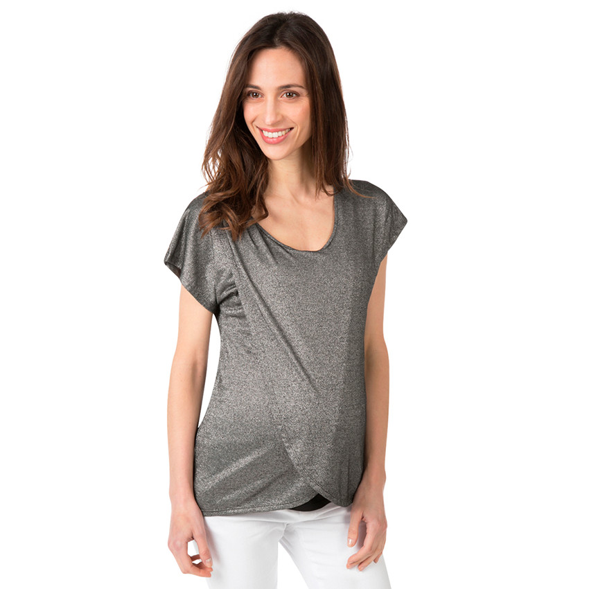 Tee-shirt manches courtes en maille fantaisie mélangée de lurex 