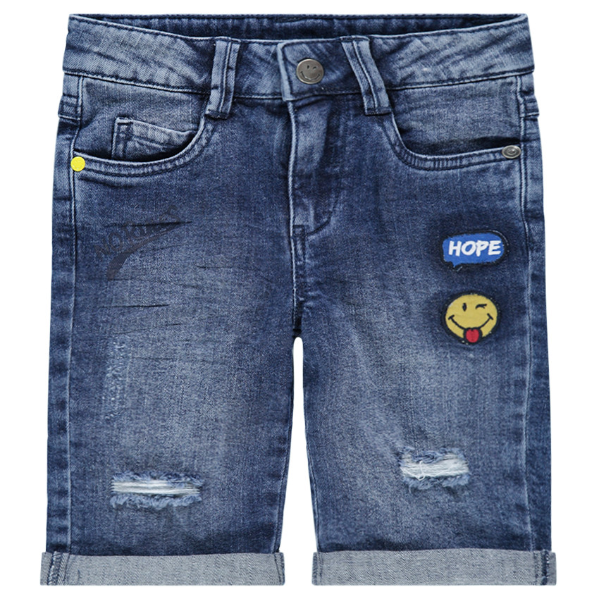 Bermuda en jeans avec usures et badges Smiley 